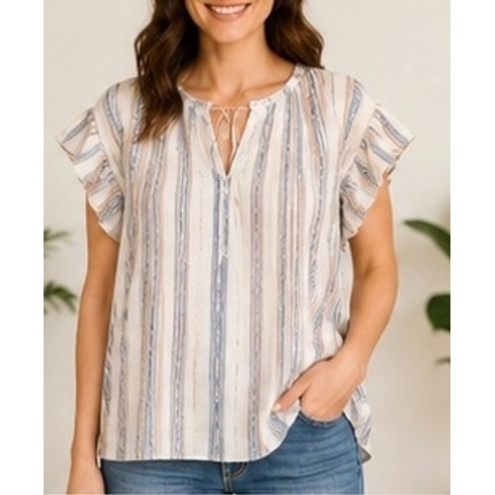 Rails Womens Striped Linen Blend Flutter Sleeve Tie Neck Top White Blue Large
